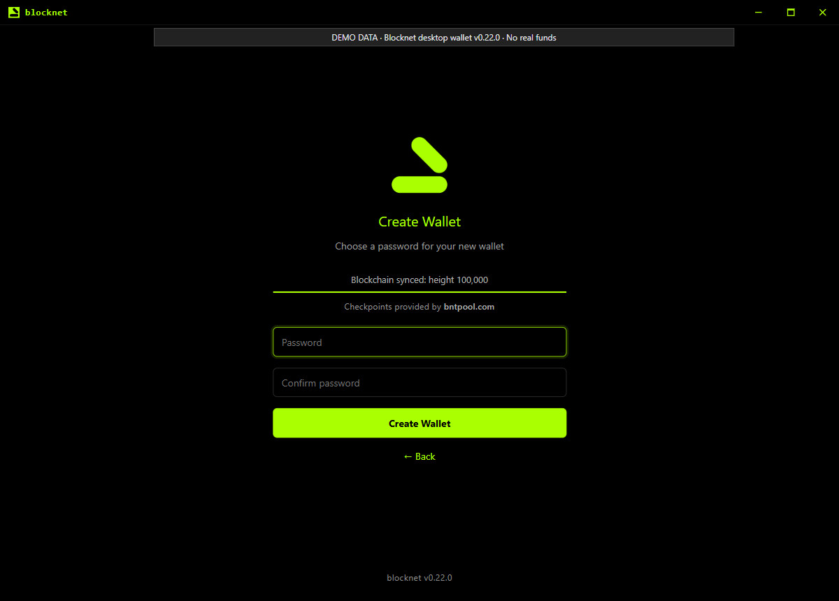 หน้า Create Wallet พร้อมช่องรหัสผ่านและยืนยัน โดยใช้ข้อมูลสาธิต