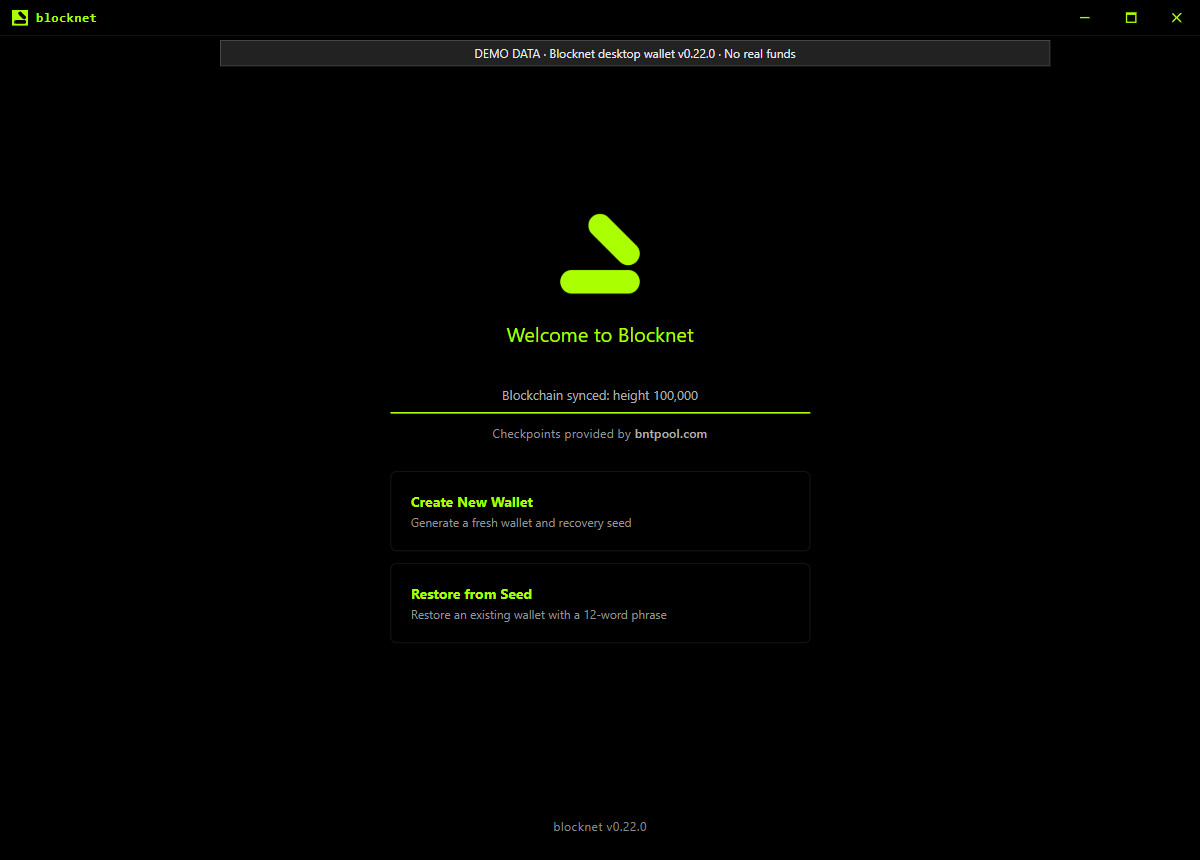 Begrüßungsbildschirm der Blocknet-Desktop-Wallet mit Create New Wallet und Restore from Seed; gekennzeichnete Demodaten.