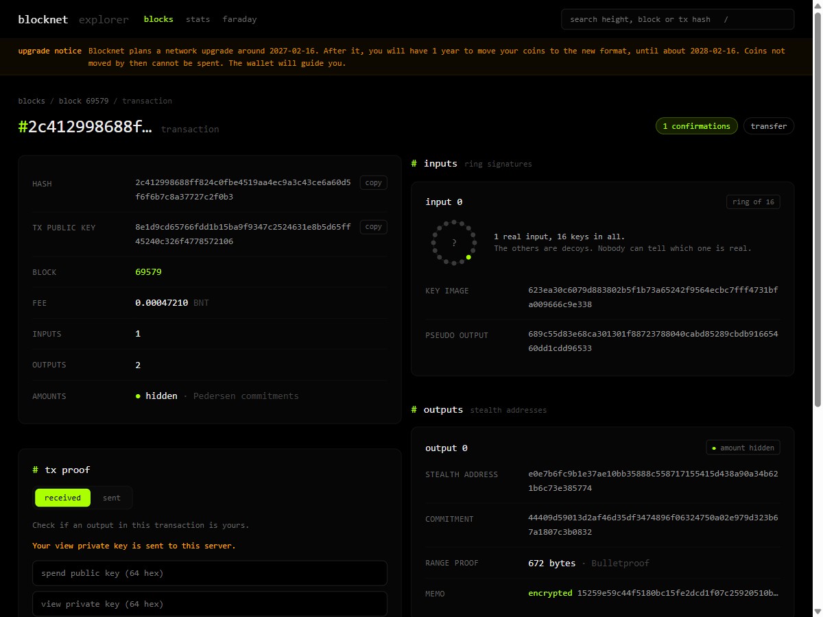 Halaman transaksi Blocknet publik dengan hash, blok, biaya, input, output, dan jumlah tersembunyi.