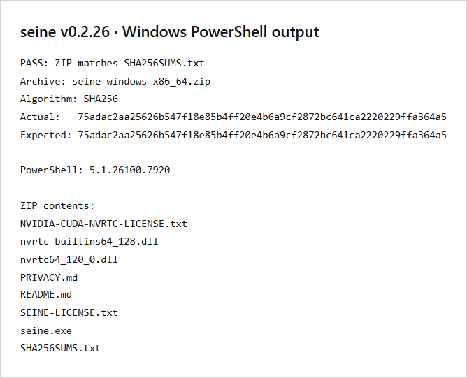 Rzeczywisty wynik sprawdzania sumy archiwum Windows seine v0.2.26 w PowerShell