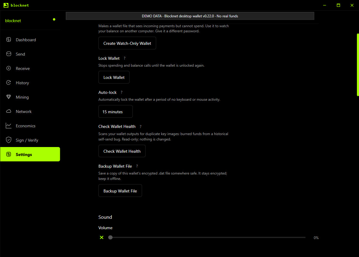 Settings showing the Backup Wallet File control in the released Blocknet desktop interface, with demo data.