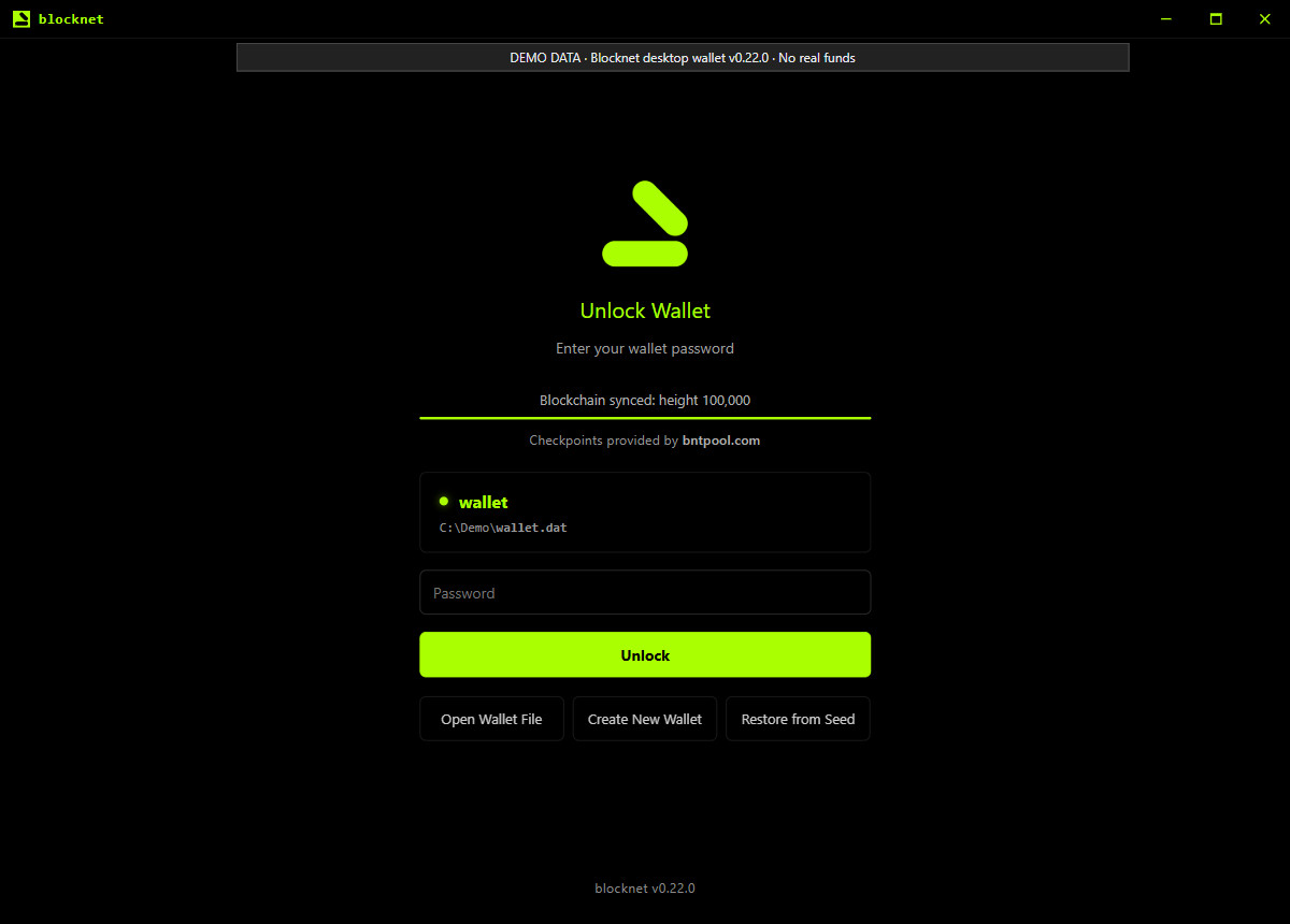 Blocknet wallet opening screen showing the application version and the existing-wallet unlock form, with a demo-data label.
